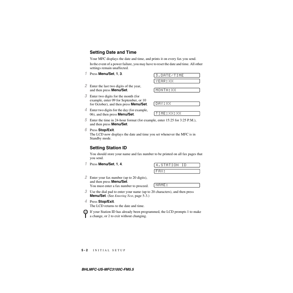 Setting date and time, Setting station id | Brother MFC-3100C User Manual | Page 54 / 210