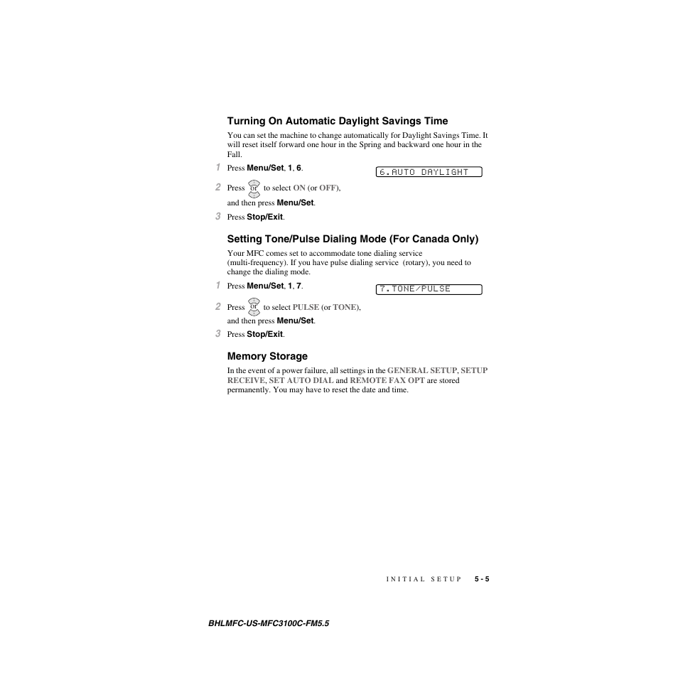 Turning on automatic daylight savings time, Setting tone/pulse dialing mode (for canada only), Memory storage | Brother MFC-3100C User Manual | Page 57 / 210