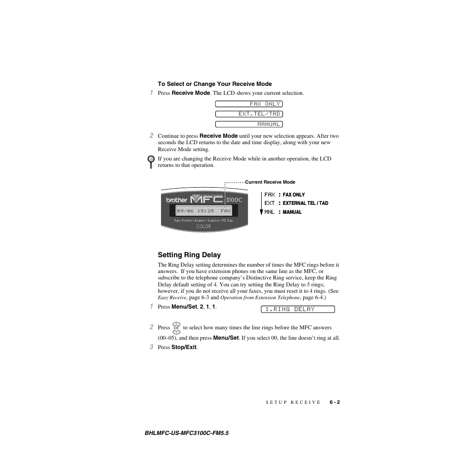 To select or change your receive mode, Setting ring delay | Brother MFC-3100C User Manual | Page 59 / 210