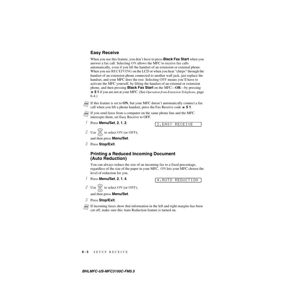 Easy receive, Rings. (see | Brother MFC-3100C User Manual | Page 60 / 210