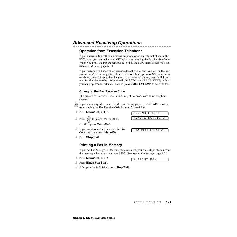 Advanced receiving operations, Operation from extension telephone, Changing the fax receive code | Printing a fax in memory | Brother MFC-3100C User Manual | Page 61 / 210