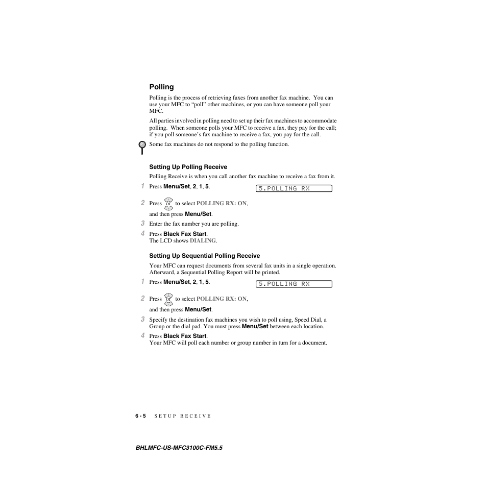 Polling, Setting up polling receive, Setting up sequential polling receive | Brother MFC-3100C User Manual | Page 62 / 210