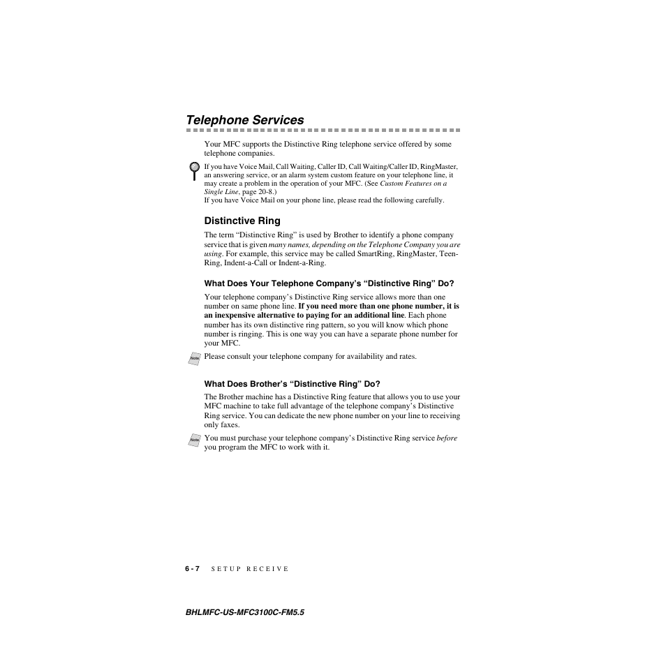 Telephone services, Distinctive ring, What does brother’s “distinctive ring” do | Brother MFC-3100C User Manual | Page 64 / 210