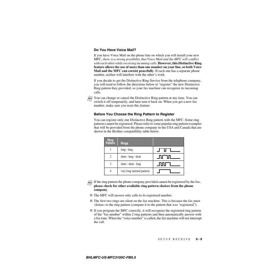 Do you have voice mail, Before you choose the ring pattern to register | Brother MFC-3100C User Manual | Page 65 / 210