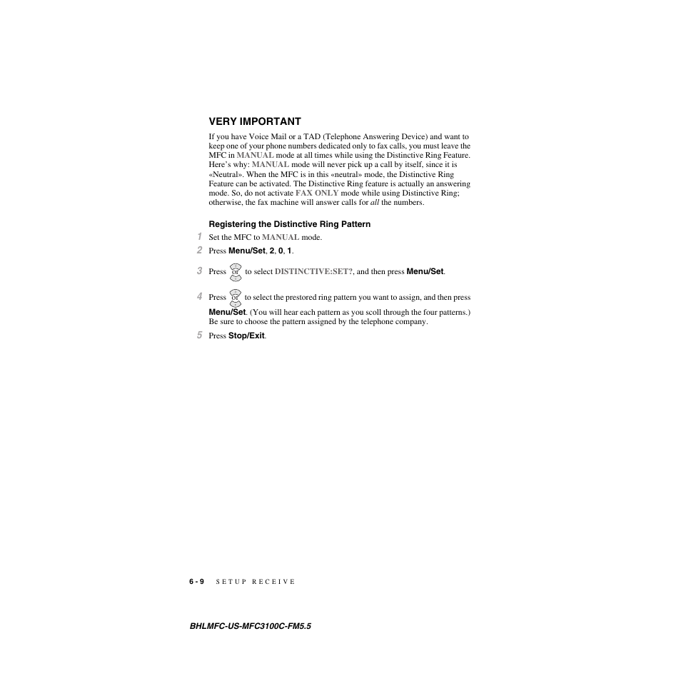 Very important, Registering the distinctive ring pattern | Brother MFC-3100C User Manual | Page 66 / 210