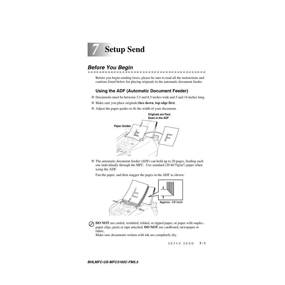 Setup send, Before you begin, Using the adf (automatic document feeder) | Brother MFC-3100C User Manual | Page 67 / 210