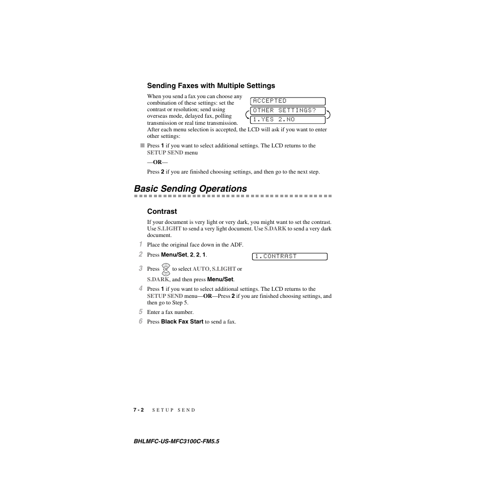 Sending faxes with multiple settings, Basic sending operations, Contrast | Brother MFC-3100C User Manual | Page 68 / 210