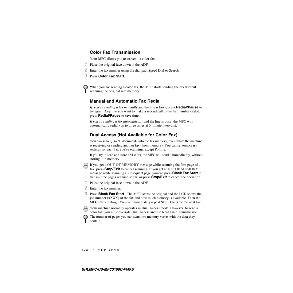 Color fax transmission, Manual and automatic fax redial, Dual access (not available for color fax) | Brother MFC-3100C User Manual | Page 70 / 210