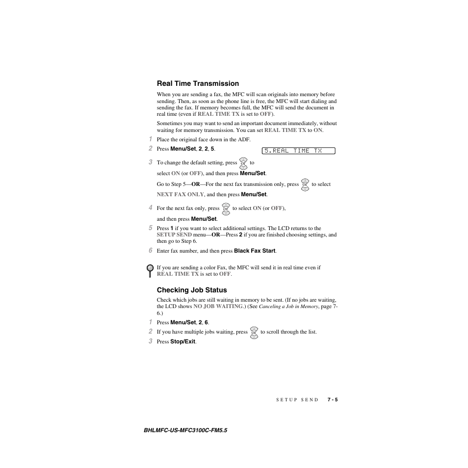 Real time transmission, Checking job status, Real | Brother MFC-3100C User Manual | Page 71 / 210