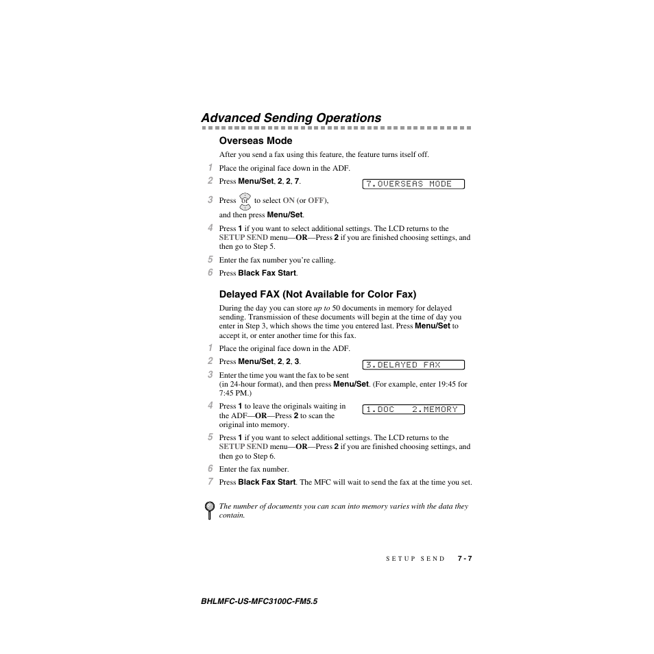 Advanced sending operations, Overseas mode, Delayed fax (not available for color fax) | Brother MFC-3100C User Manual | Page 73 / 210