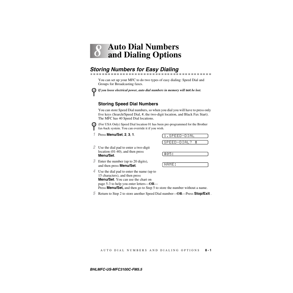 Auto dial numbers and dialing options, Storing numbers for easy dialing, Storing speed dial numbers | Brother MFC-3100C User Manual | Page 75 / 210
