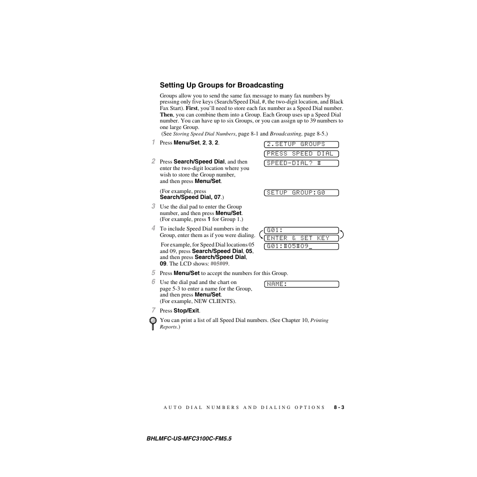 Setting up groups for broadcasting | Brother MFC-3100C User Manual | Page 77 / 210