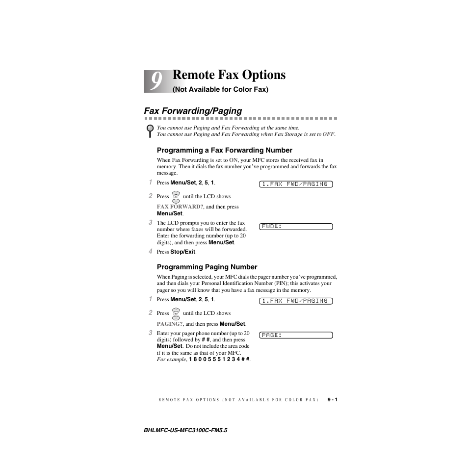 Remote fax options (not available for color fax), Fax forwarding/paging, Programming a fax forwarding number | Programming paging number, Remote fax options | Brother MFC-3100C User Manual | Page 81 / 210