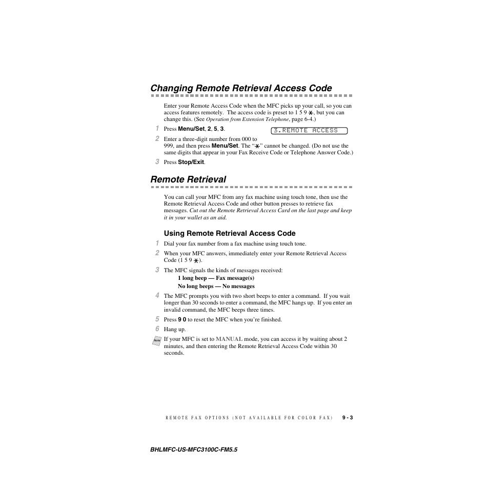 Changing remote retrieval access code, Remote retrieval, Using remote retrieval access code | Brother MFC-3100C User Manual | Page 83 / 210