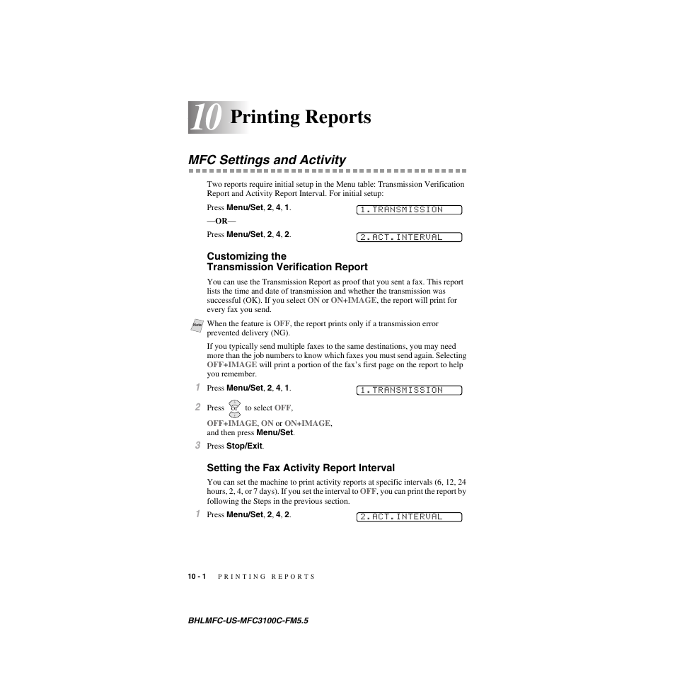 Printing reports, Mfc settings and activity, Customizing the transmission verification report | Setting the fax activity report interval | Brother MFC-3100C User Manual | Page 86 / 210