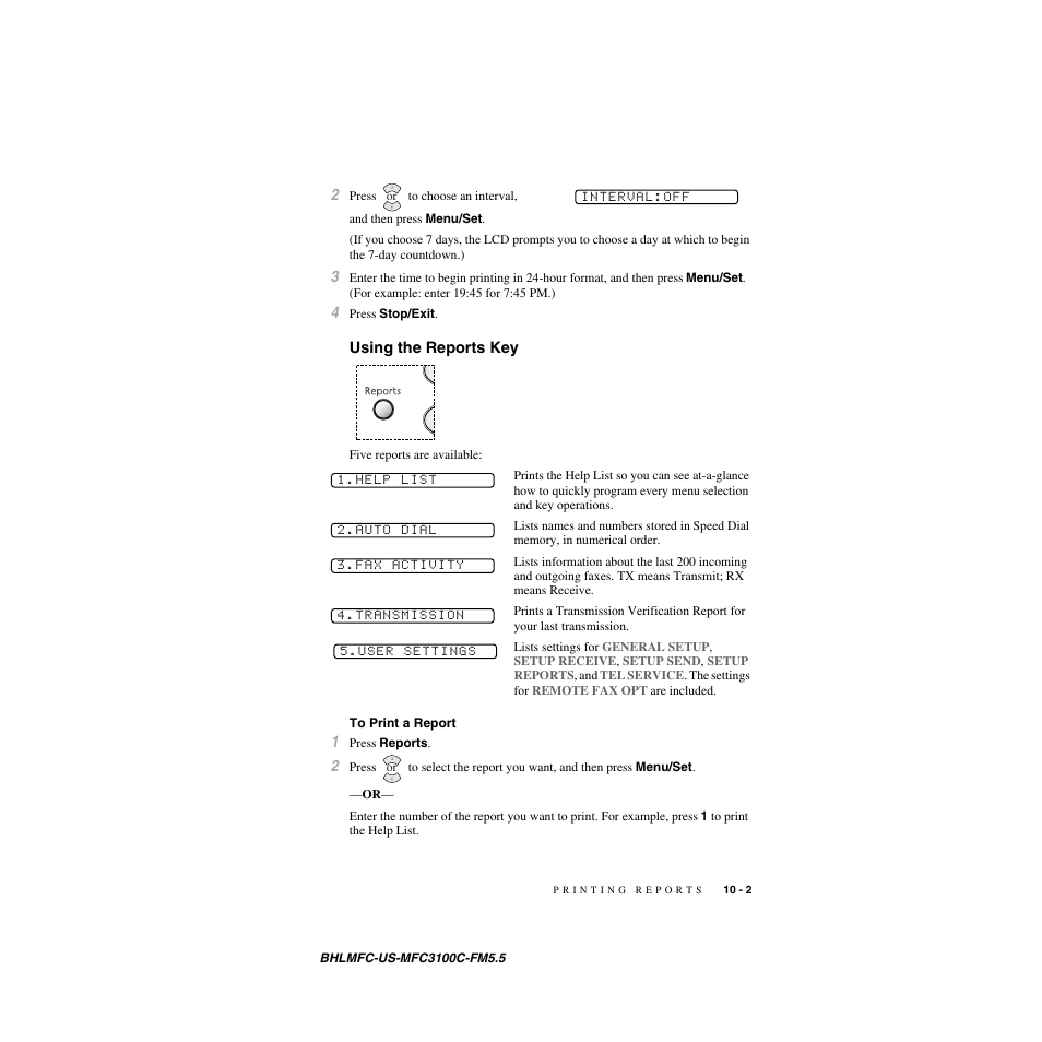 Using the reports key, To print a report | Brother MFC-3100C User Manual | Page 87 / 210