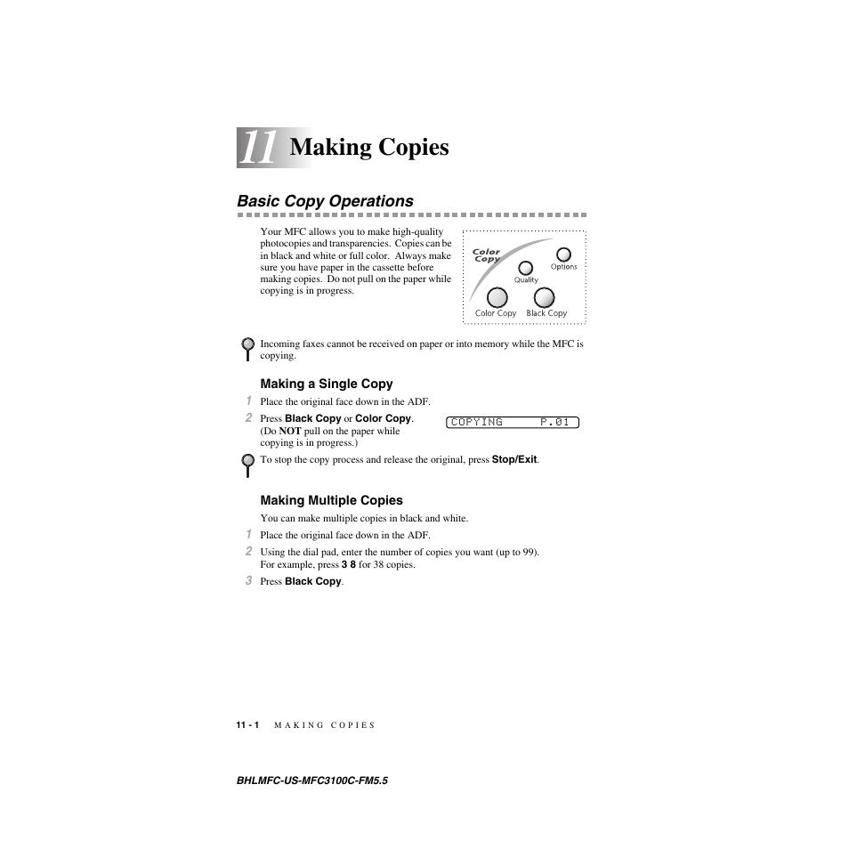 Making copies, Basic copy operations, Making a single copy | Making multiple copies | Brother MFC-3100C User Manual | Page 88 / 210