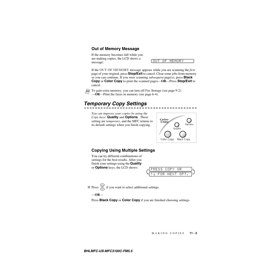 Out of memory message, Temporary copy settings, Copying using multiple settings | Brother MFC-3100C User Manual | Page 89 / 210