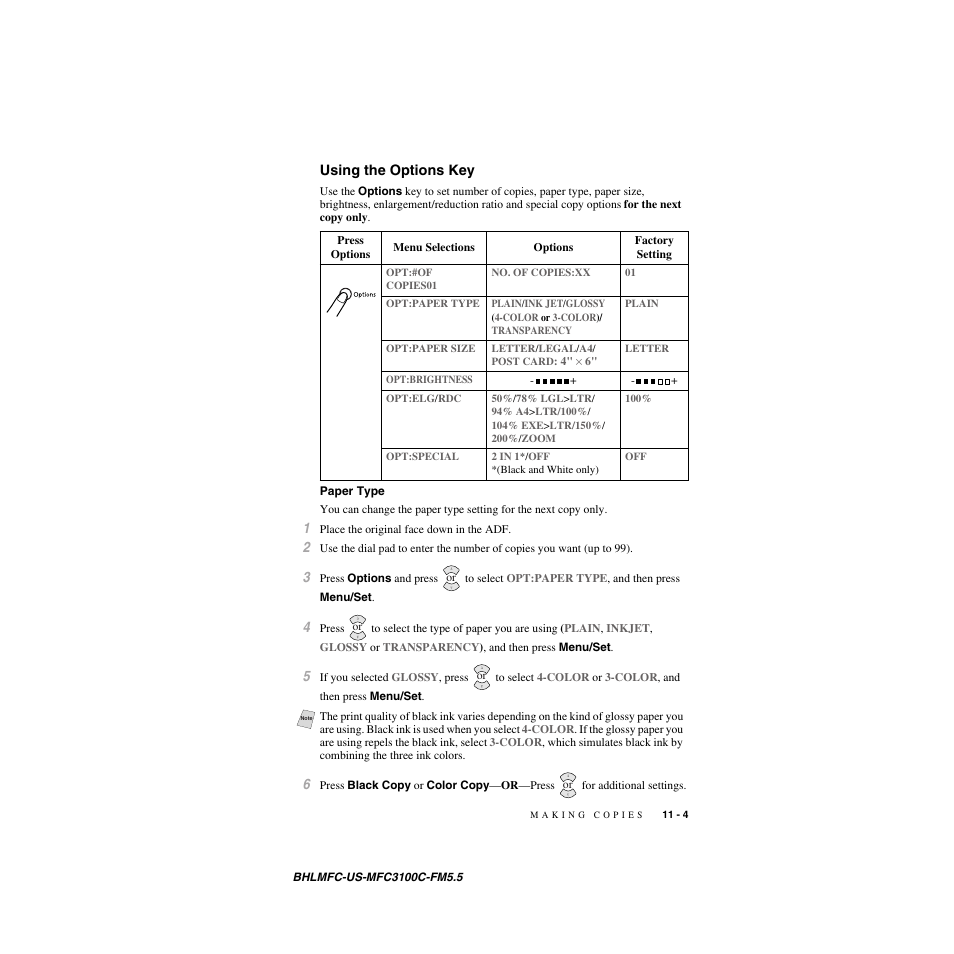 Using the options key, Paper type | Brother MFC-3100C User Manual | Page 91 / 210