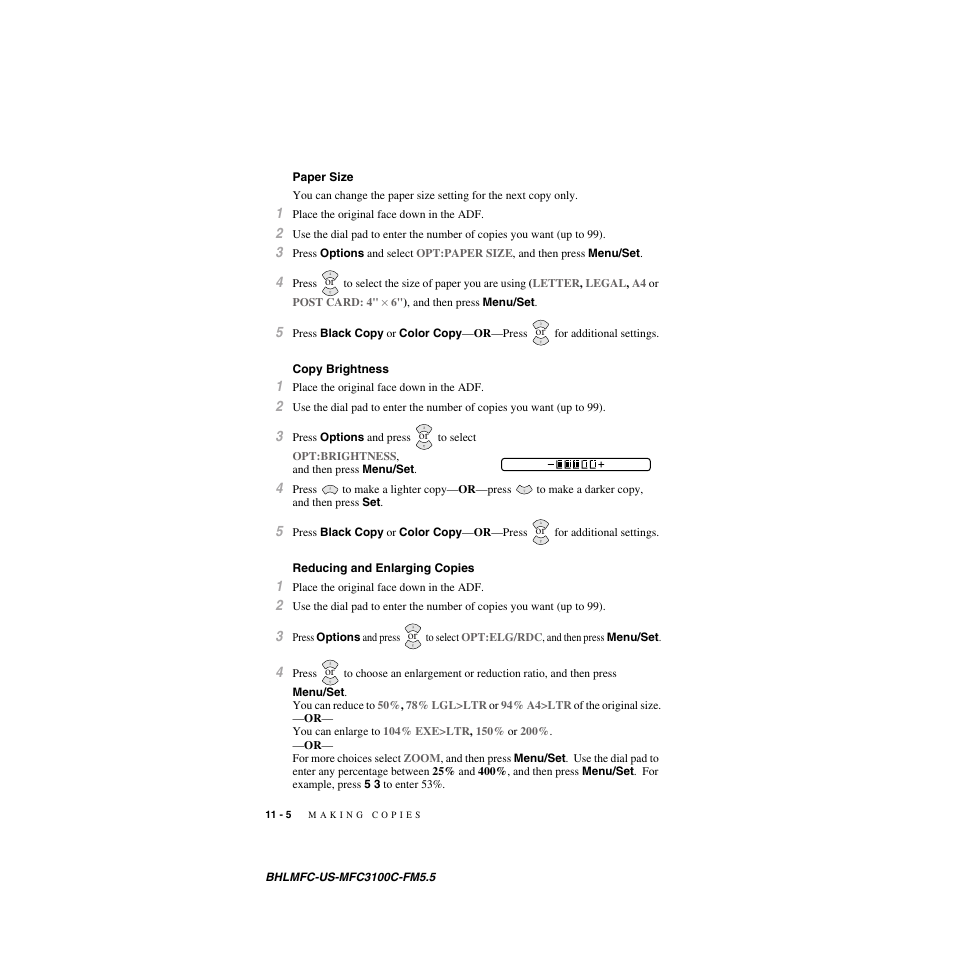 Paper size, Copy brightness, Reducing and enlarging copies | Brother MFC-3100C User Manual | Page 92 / 210