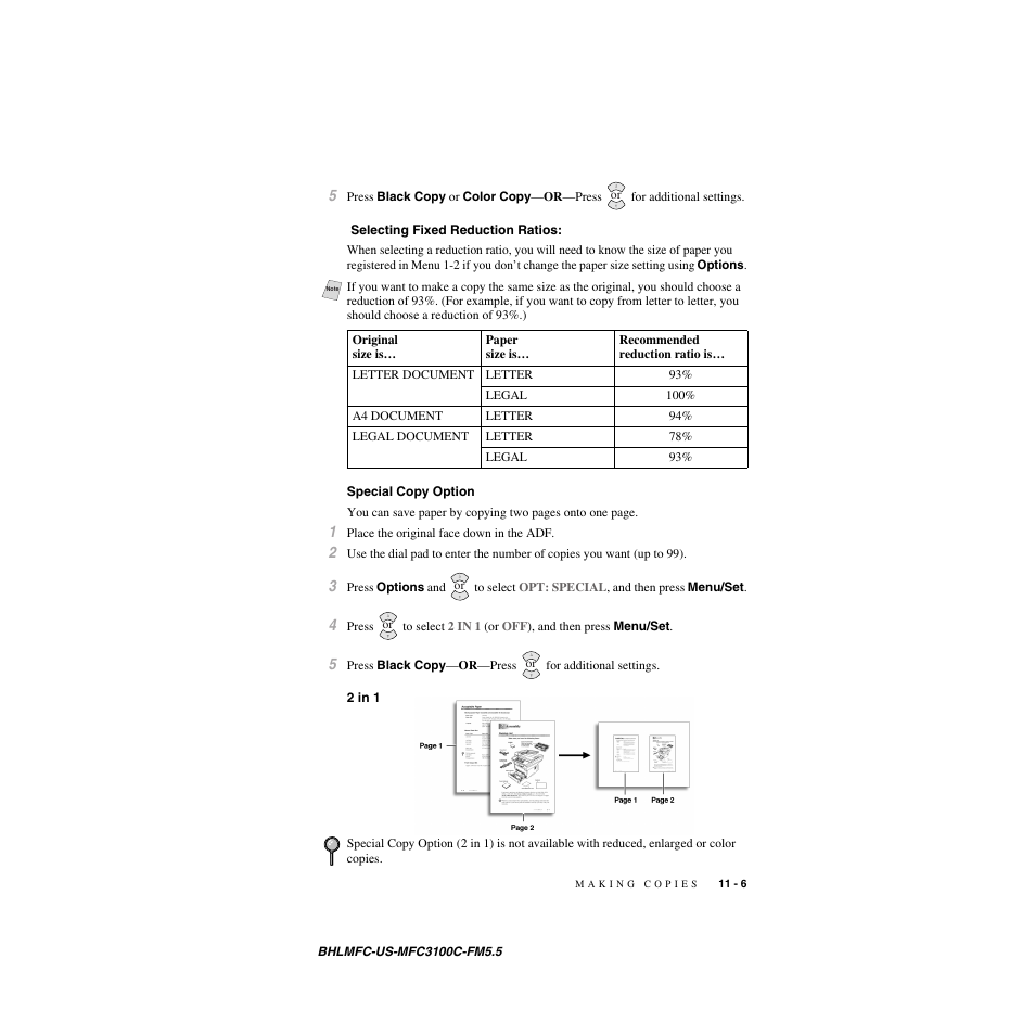 Selecting fixed reduction ratios, Special copy option, 2 in 1 | Brother MFC-3100C User Manual | Page 93 / 210