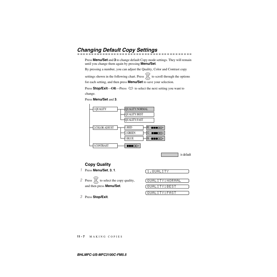 Changing default copy settings, Copy quality | Brother MFC-3100C User Manual | Page 94 / 210