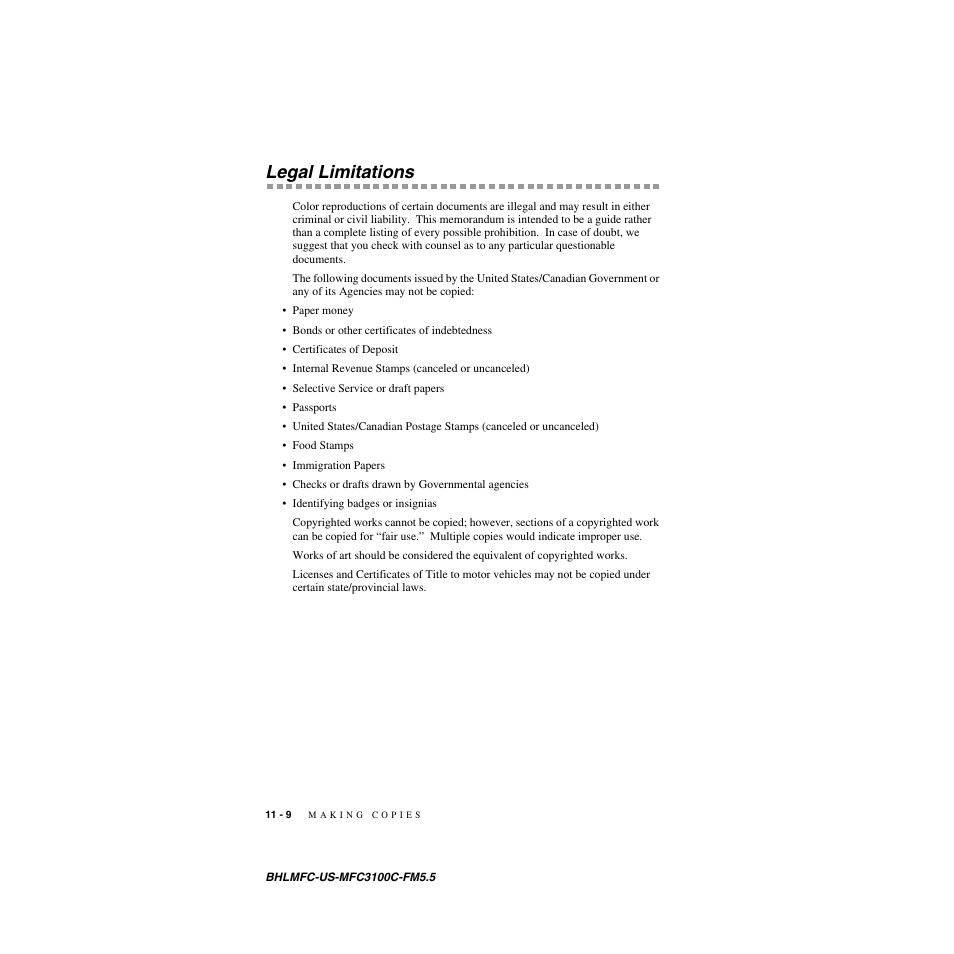 Legal limitations | Brother MFC-3100C User Manual | Page 96 / 210