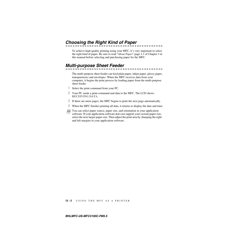 Choosing the right kind of paper, Multi-purpose sheet feeder | Brother MFC-3100C User Manual | Page 98 / 210