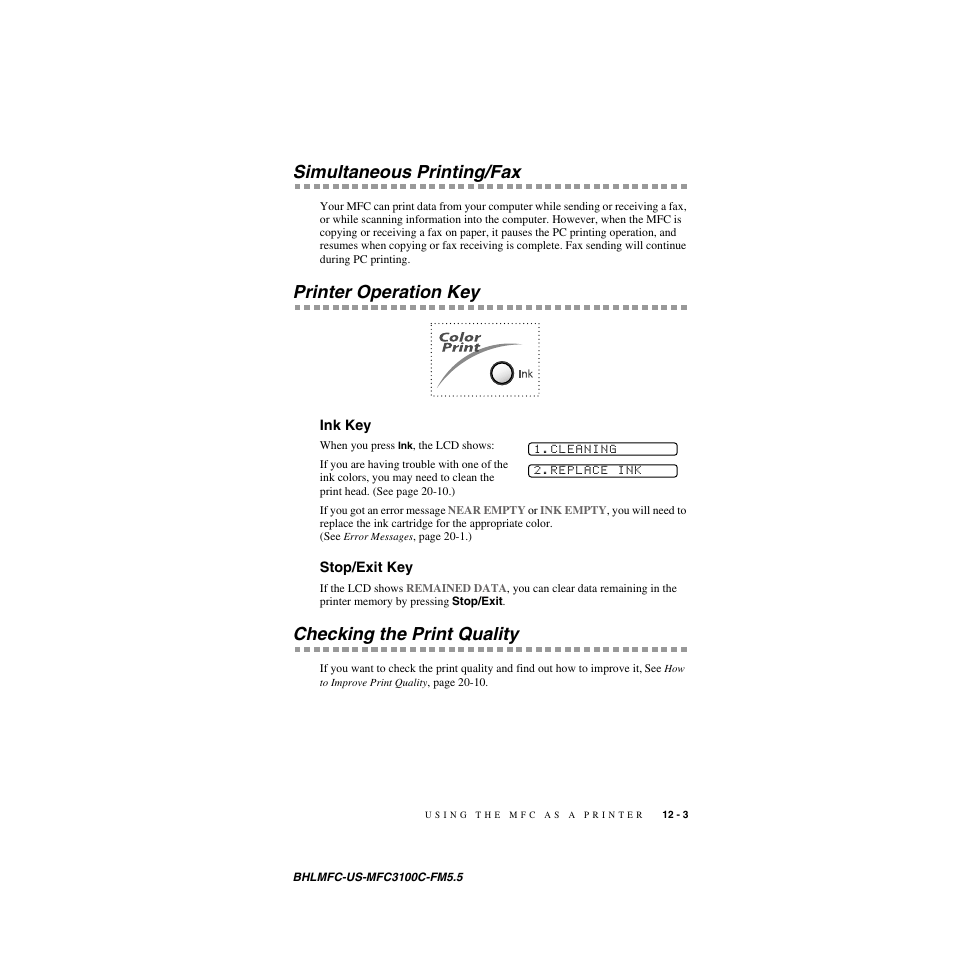 Simultaneous printing/fax, Printer operation key, Ink key | Stop/exit key, Checking the print quality | Brother MFC-3100C User Manual | Page 99 / 210