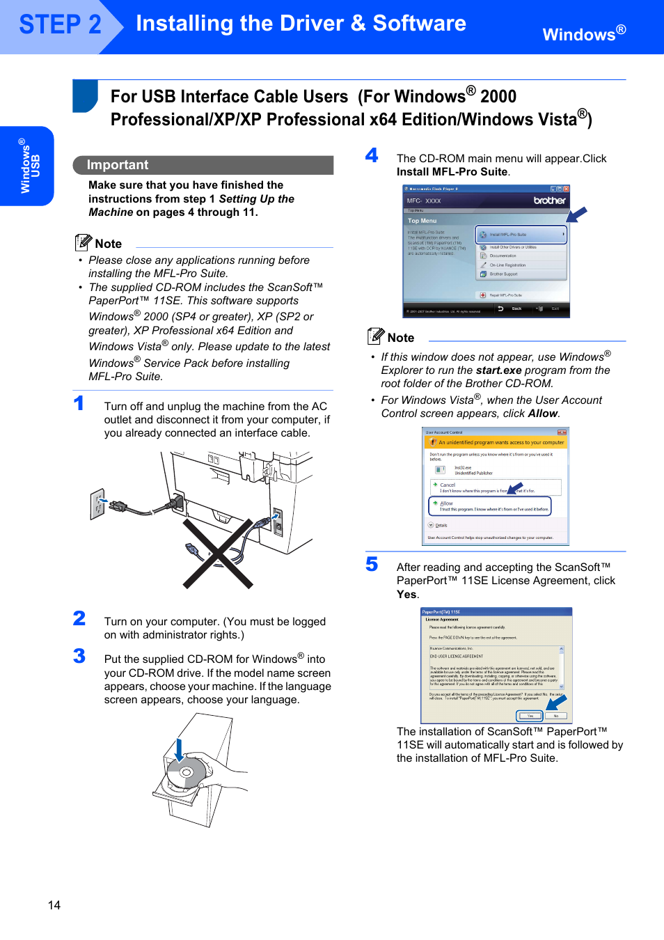 Windows, Step 2, Installing the driver & software | For usb interface cable users (for windows, For usb interface cable users, Important | Brother MFC-7340 User Manual | Page 16 / 32