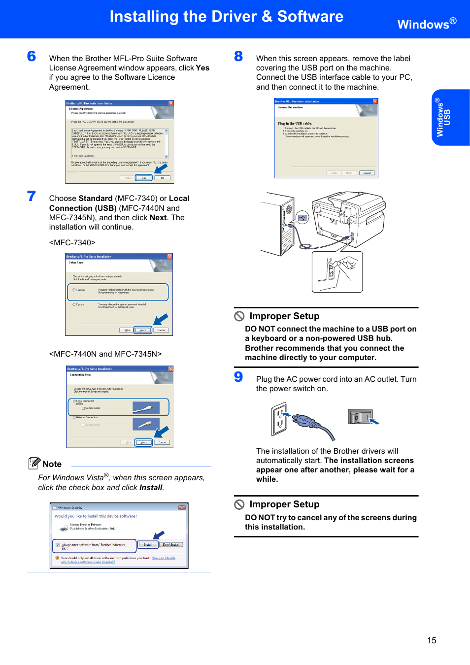 Installing the driver & software, Windows, Improper setup | Brother MFC-7340 User Manual | Page 17 / 32