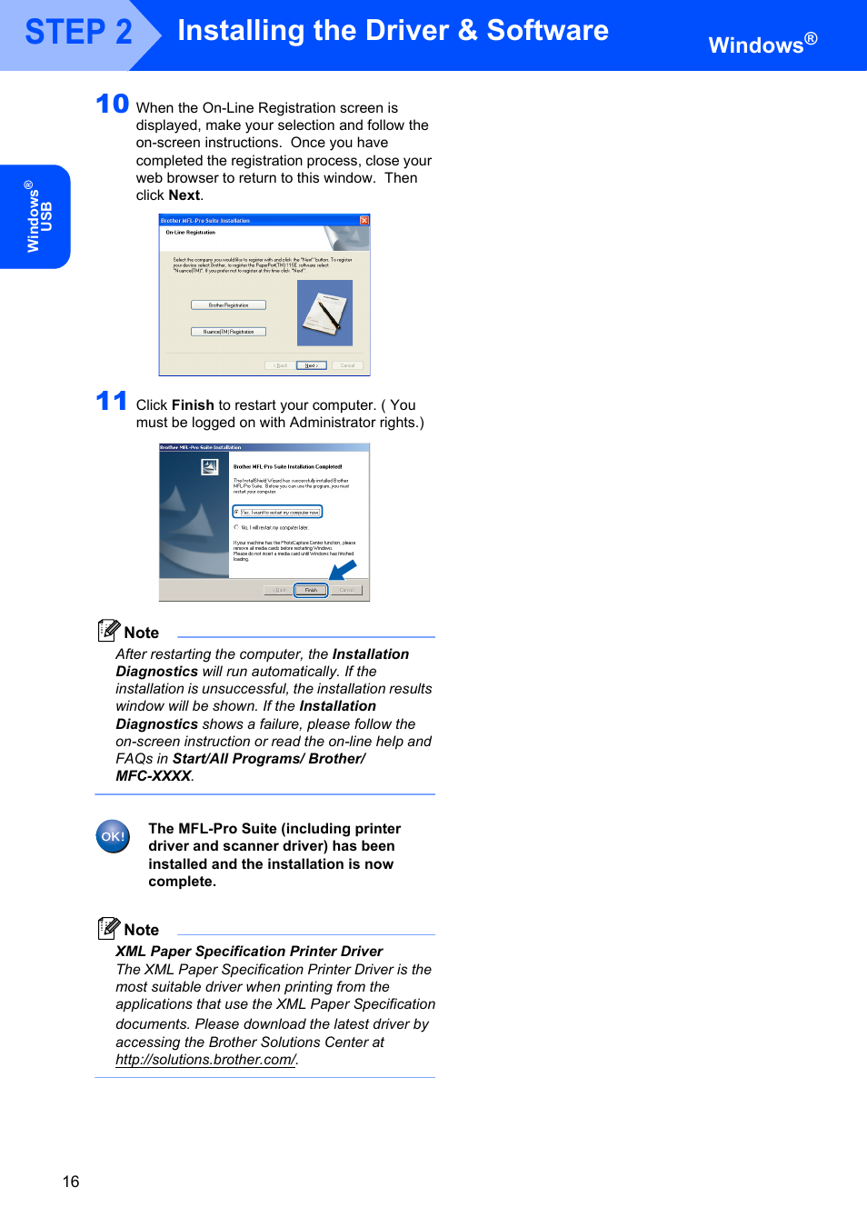 Step 2, Installing the driver & software, Windows | Brother MFC-7340 User Manual | Page 18 / 32