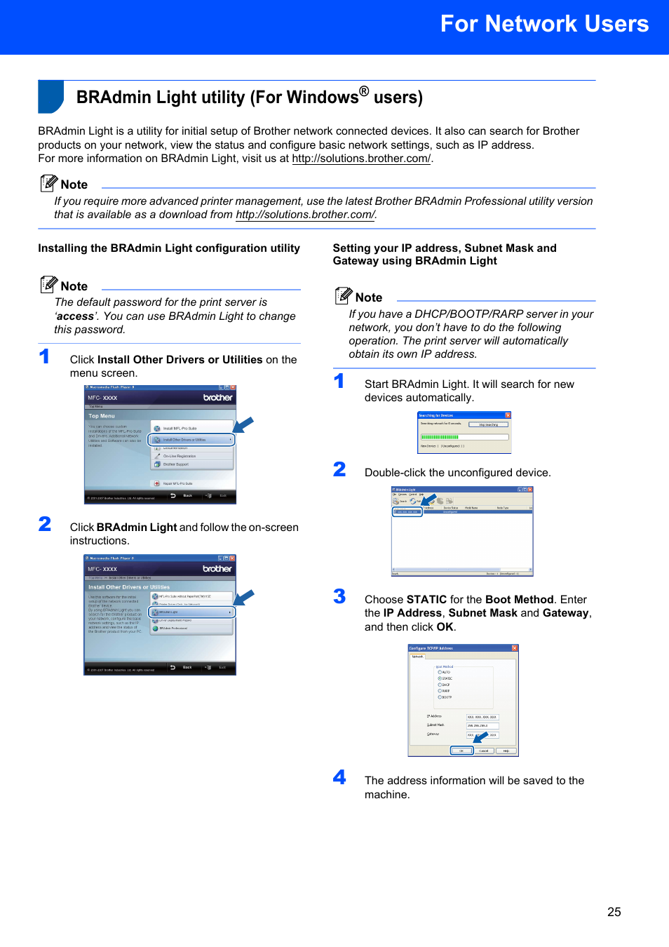 For network users, Bradmin light utility (for windows® users), Installing the bradmin light configuration utility | Bradmin light utility (for windows, Users) | Brother MFC-7340 User Manual | Page 27 / 32