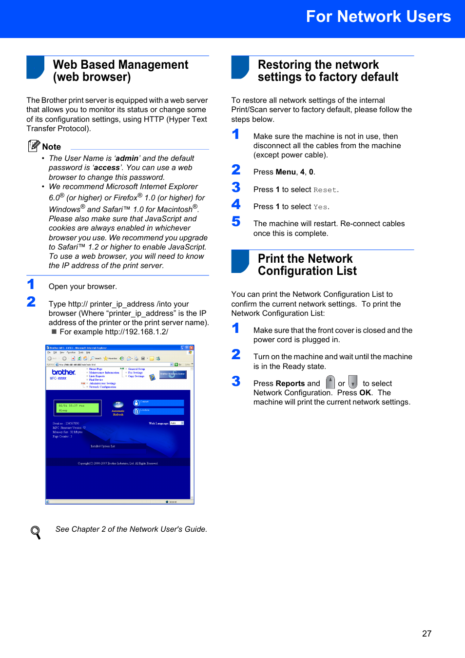 Web based management (web browser), Restoring the network settings to factory default, Print the network configuration list | For network users | Brother MFC-7340 User Manual | Page 29 / 32