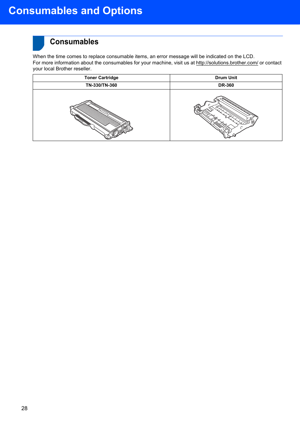 Consumables and options, Consumables | Brother MFC-7340 User Manual | Page 30 / 32