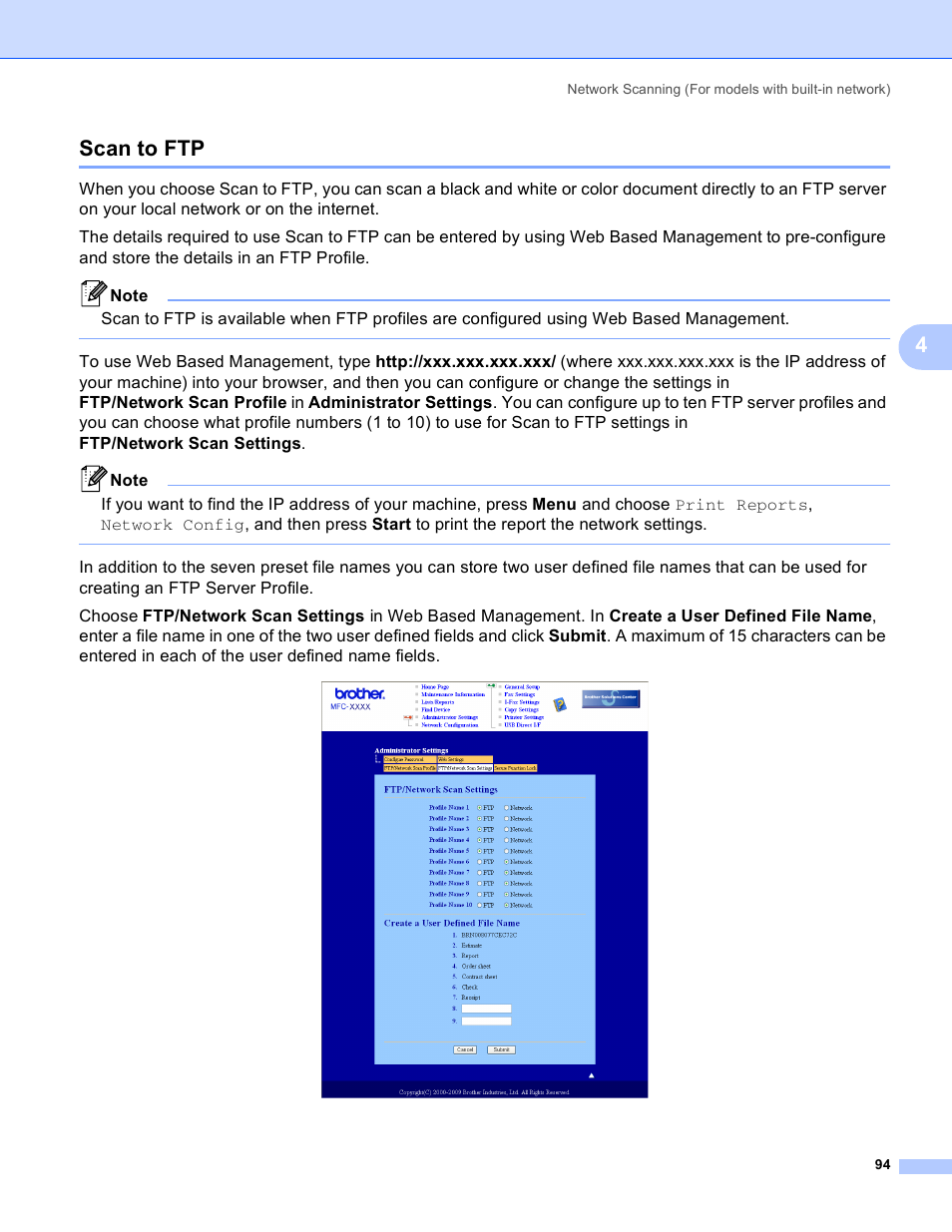 Scan to ftp, 4scan to ftp | Brother MFC 8480DN User Manual | Page 102 / 229