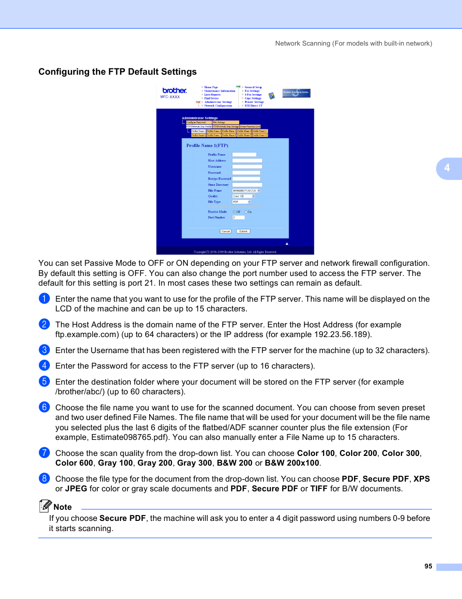 Configuring the ftp default settings | Brother MFC 8480DN User Manual | Page 103 / 229