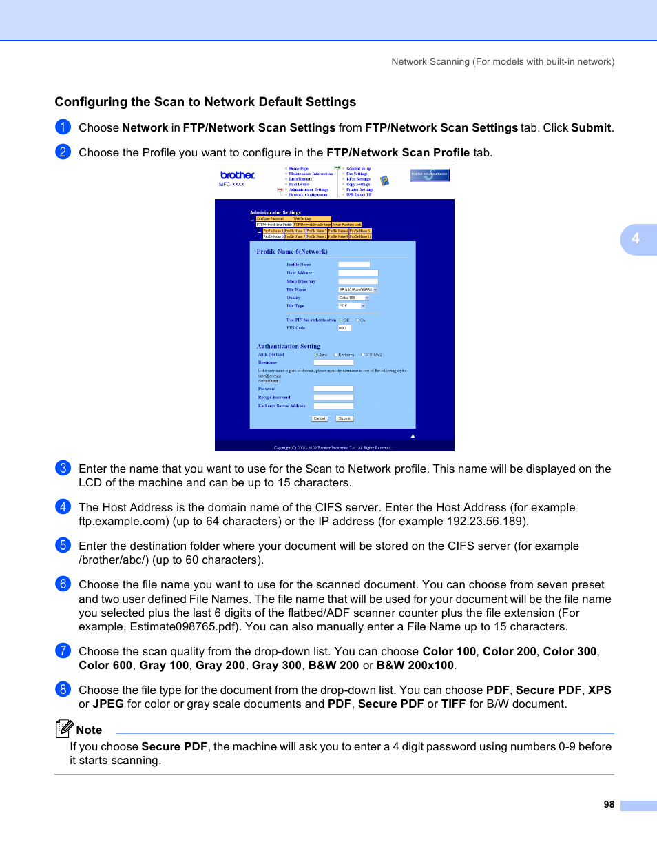 Configuring the scan to network default settings | Brother MFC 8480DN User Manual | Page 106 / 229