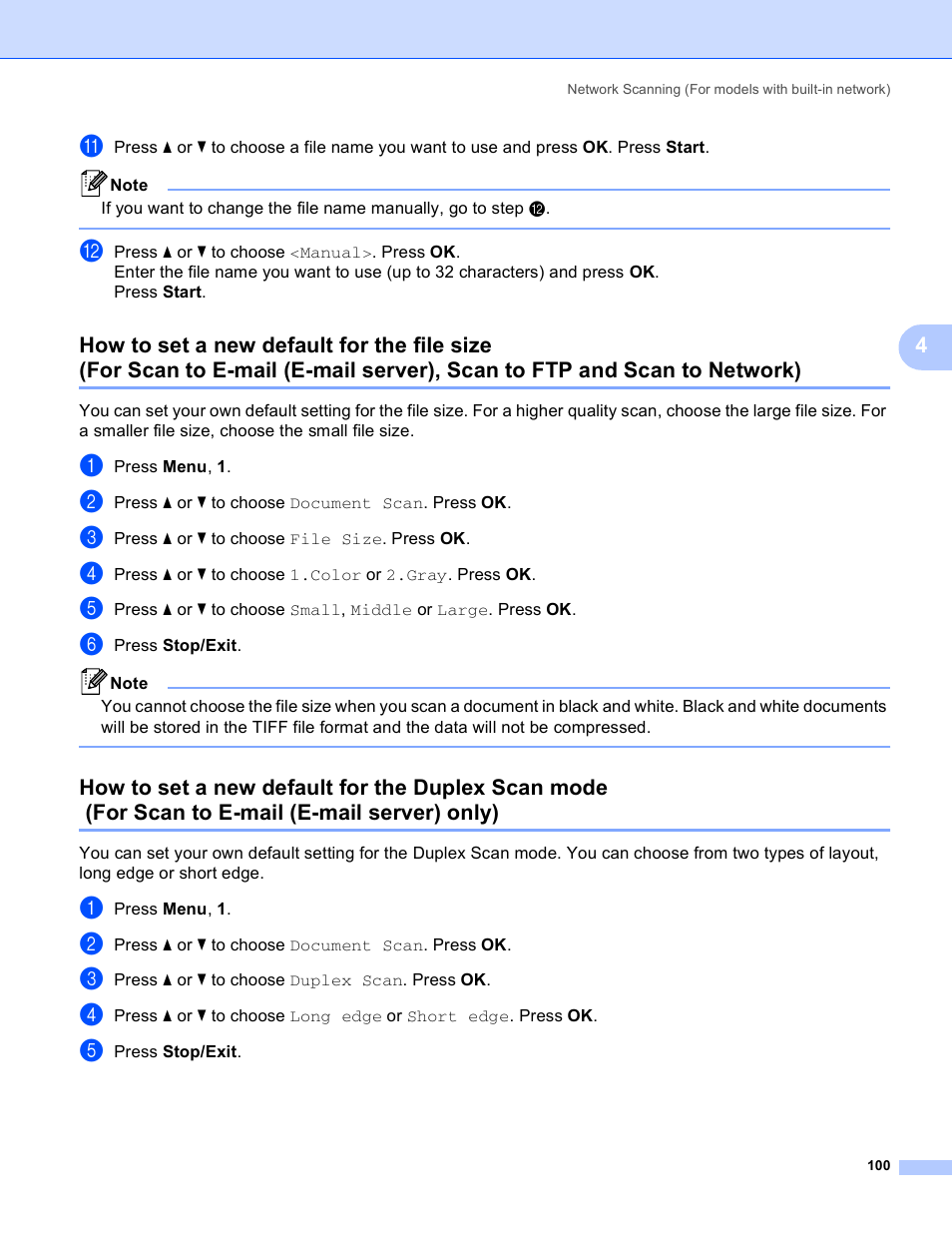 How to set a new default for the file size, How to set a new default for the duplex scan mode, For scan to e-mail (e-mail server) only) | Brother MFC 8480DN User Manual | Page 108 / 229