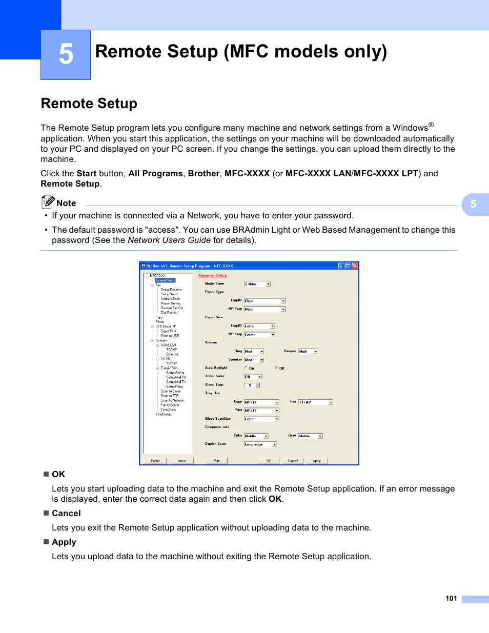 Remote setup (mfc models only), Remote setup | Brother MFC 8480DN User Manual | Page 109 / 229