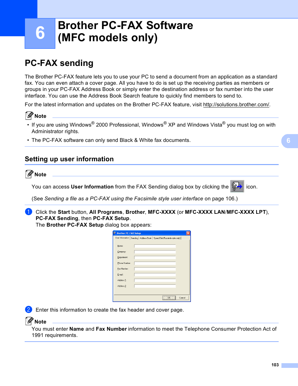 Brother pc-fax software (mfc models only), Pc-fax sending, Setting up user information | Brother MFC 8480DN User Manual | Page 111 / 229