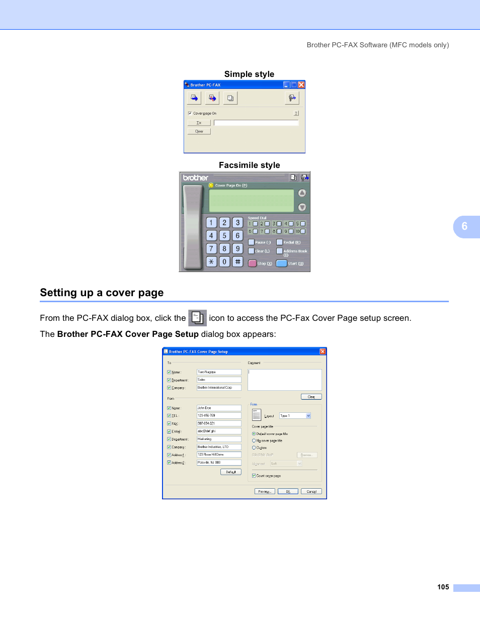 Setting up a cover page, Simple style, Facsimile style | Brother MFC 8480DN User Manual | Page 113 / 229