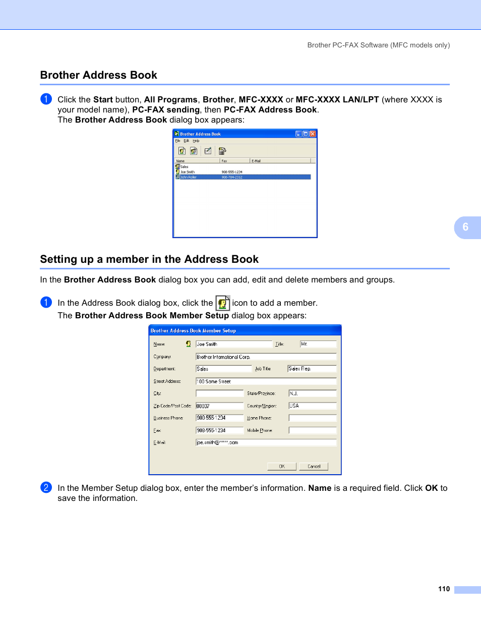 Brother address book, Setting up a member in the address book, 6brother address book | Brother MFC 8480DN User Manual | Page 118 / 229