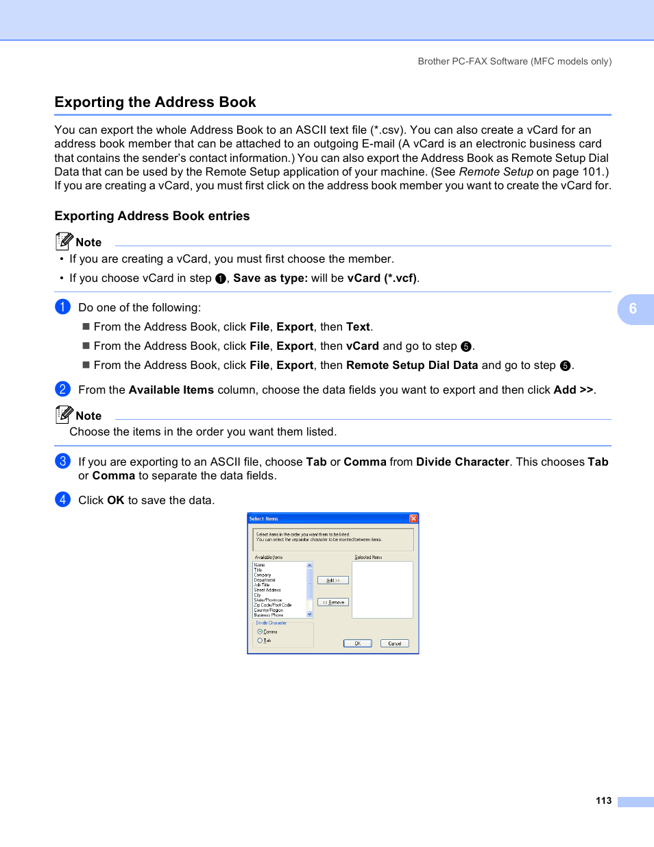 Exporting the address book, Exporting address book entries, 6exporting the address book | Brother MFC 8480DN User Manual | Page 121 / 229