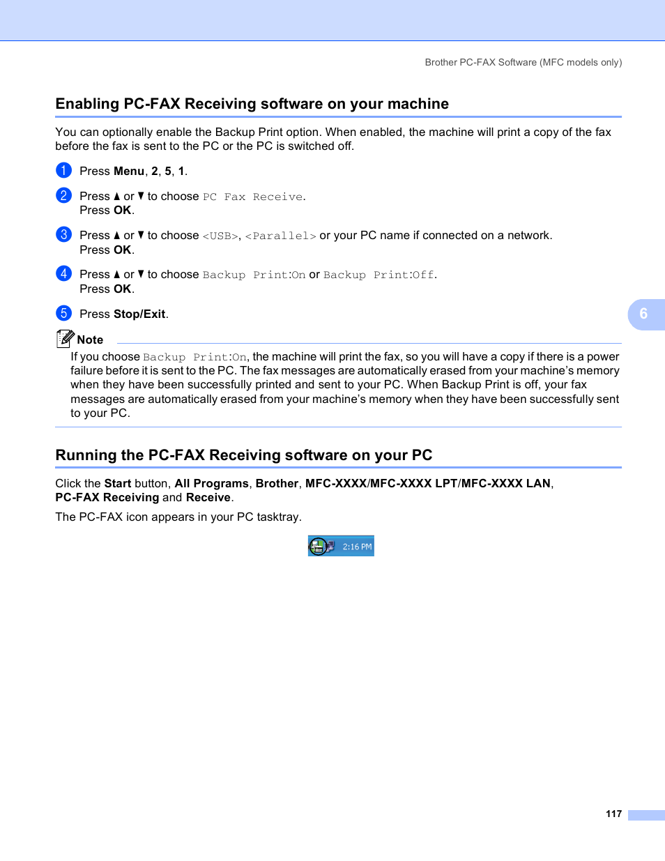 Enabling pc-fax receiving software on your machine, Running the pc-fax receiving software on your pc | Brother MFC 8480DN User Manual | Page 125 / 229