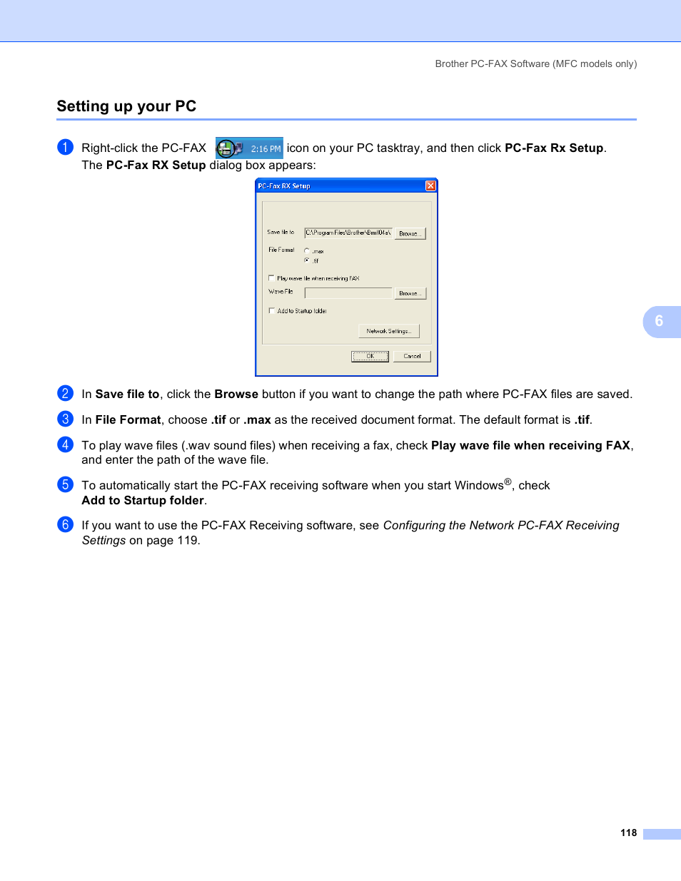 Setting up your pc, 6setting up your pc | Brother MFC 8480DN User Manual | Page 126 / 229