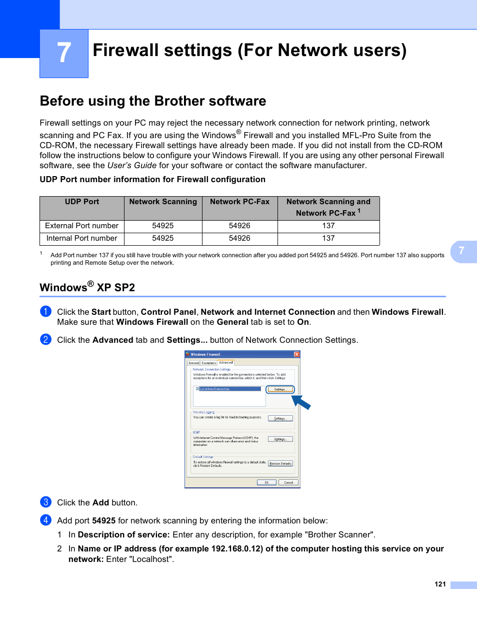 Firewall settings (for network users), Before using the brother software, Windows® xp sp2 | Windows, Xp sp2 | Brother MFC 8480DN User Manual | Page 129 / 229