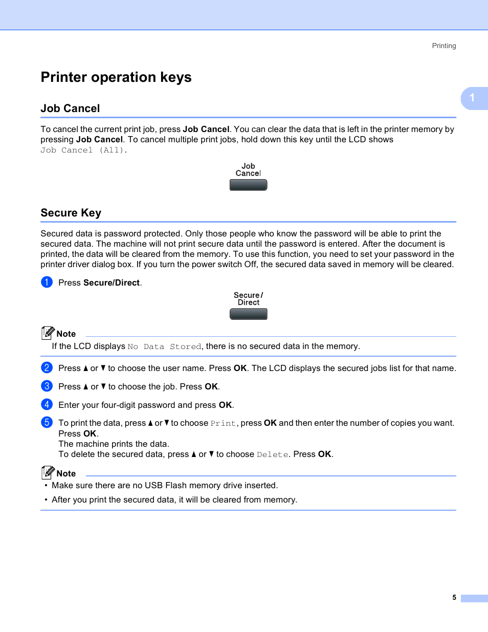 Printer operation keys, Job cancel, Secure key | Job cancel secure key | Brother MFC 8480DN User Manual | Page 13 / 229