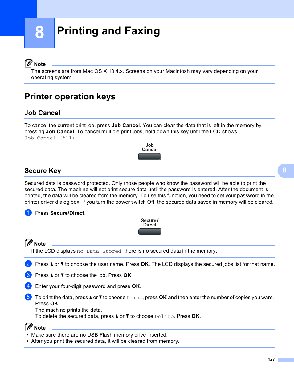 Printing and faxing, Printer operation keys, Job cancel | Secure key, Job cancel secure key | Brother MFC 8480DN User Manual | Page 135 / 229