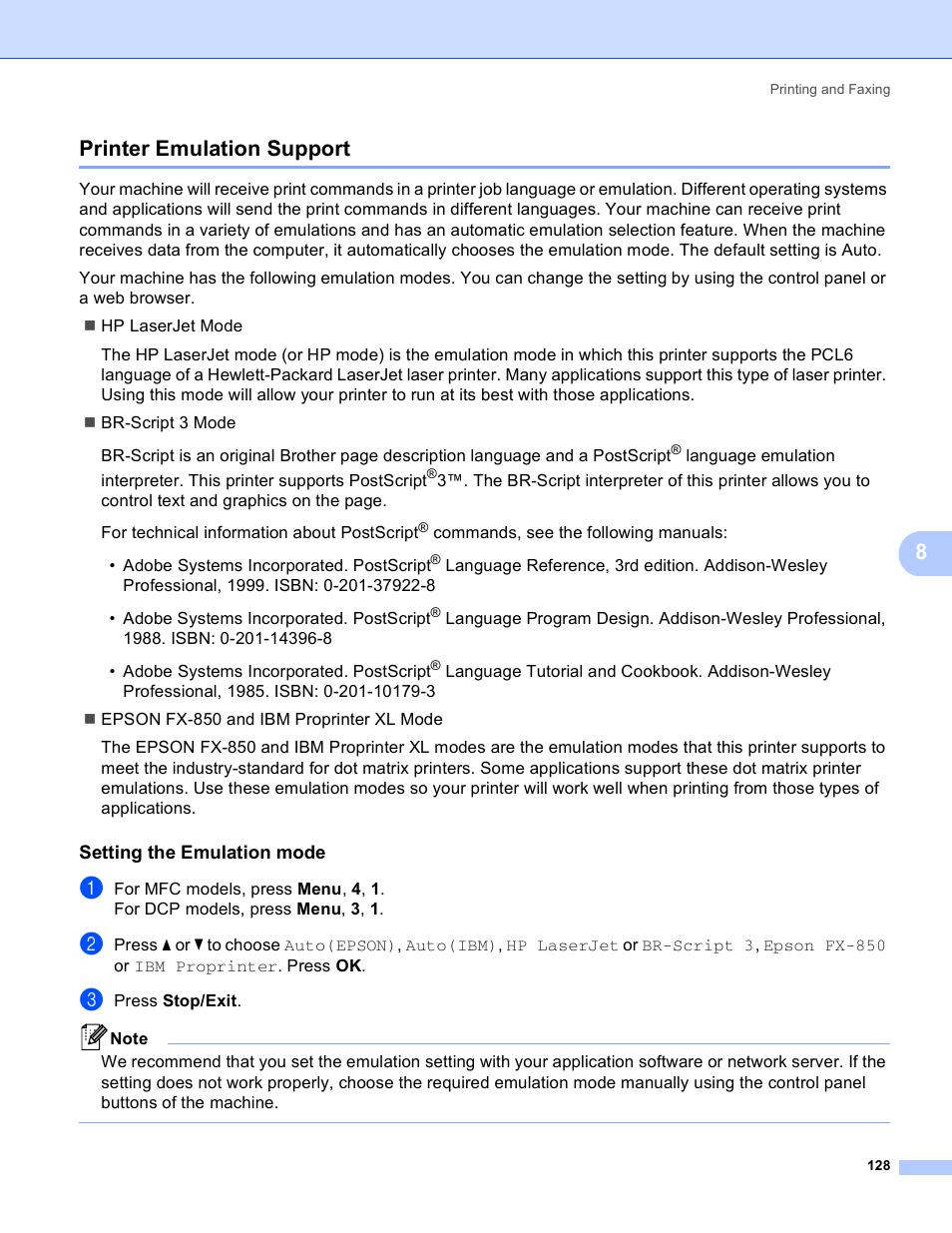 Printer emulation support, Setting the emulation mode, 8printer emulation support | Brother MFC 8480DN User Manual | Page 136 / 229